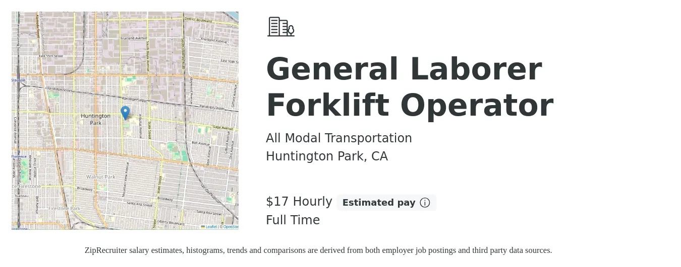 All Modal Transportation job posting for a General Laborer Forklift Operator in Huntington Park, CA with a salary of $18 Hourly with a map of Huntington Park location.