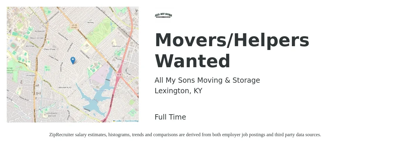All My Sons Moving & Storage job posting for a Movers/Helpers Wanted in Lexington, KY with a salary of $150 Daily with a map of Lexington location.