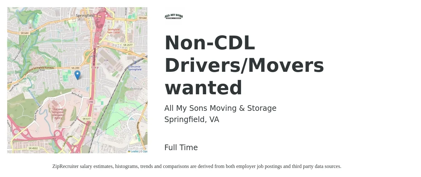 All My Sons Moving & Storage job posting for a Non-CDL Drivers/Movers wanted in Springfield, VA with a salary of $500 Daily with a map of Springfield location.