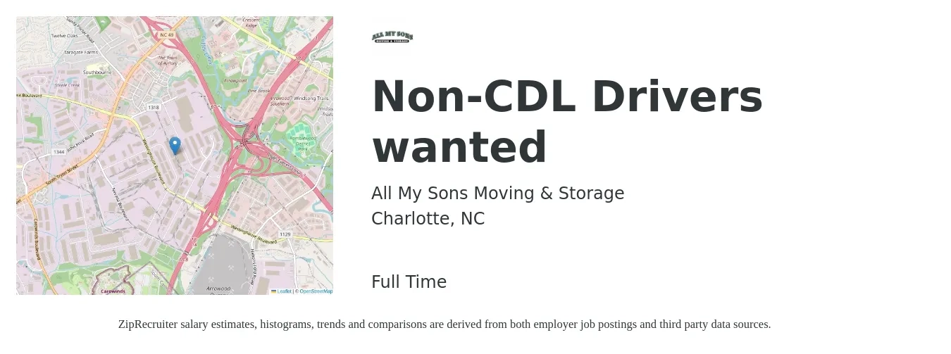 All My Sons Moving & Storage job posting for a Non-CDL Drivers wanted in Charlotte, NC with a salary of $500 Daily with a map of Charlotte location.