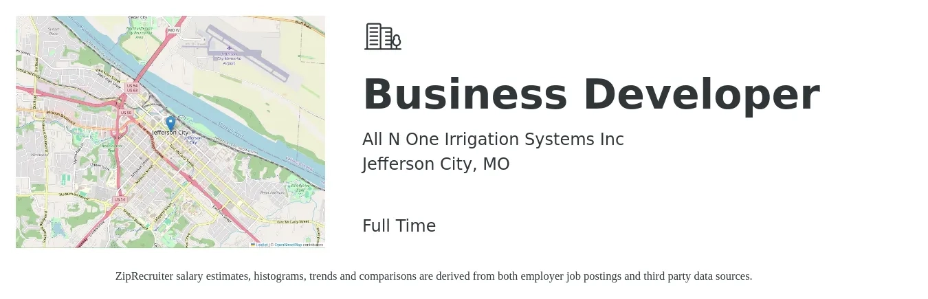 All N One Irrigation Systems Inc job posting for a Business Developer in Jefferson City, MO with a salary of $48,800 to $105,700 Yearly with a map of Jefferson City location.