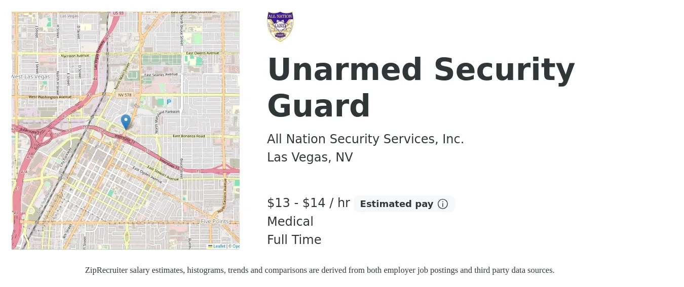 All Nation Security Services, Inc. job posting for a Unarmed Security Guard in Las Vegas, NV with a salary of $14 to $15 Hourly and benefits including medical, and retirement with a map of Las Vegas location.