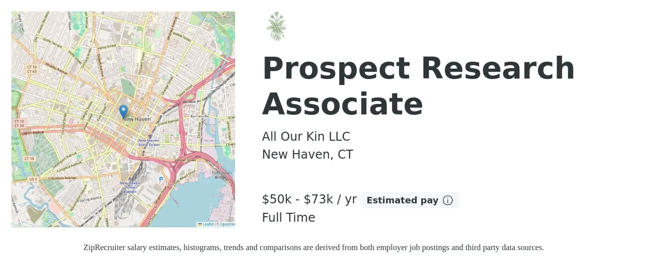 All Our Kin LLC job posting for a Prospect Research Associate in New Haven, CT with a salary of $50,000 to $73,000 Yearly with a map of New Haven location.