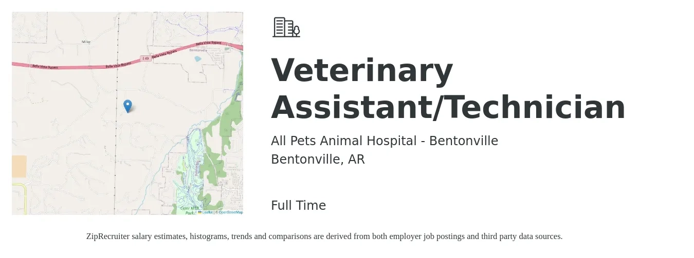 All Pets Animal Hospital - Bentonville job posting for a Veterinary Assistant/Technician in Bentonville, AR with a salary of $14 to $18 Hourly with a map of Bentonville location.