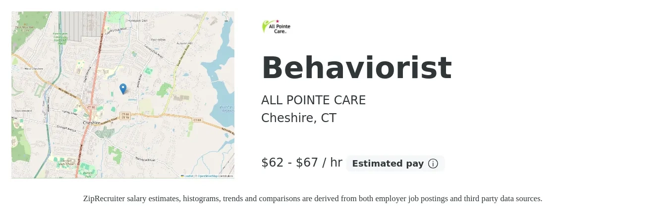 ALL POINTE CARE job posting for a Behaviorist in Cheshire, CT with a salary of $65 to $70 Hourly with a map of Cheshire location.
