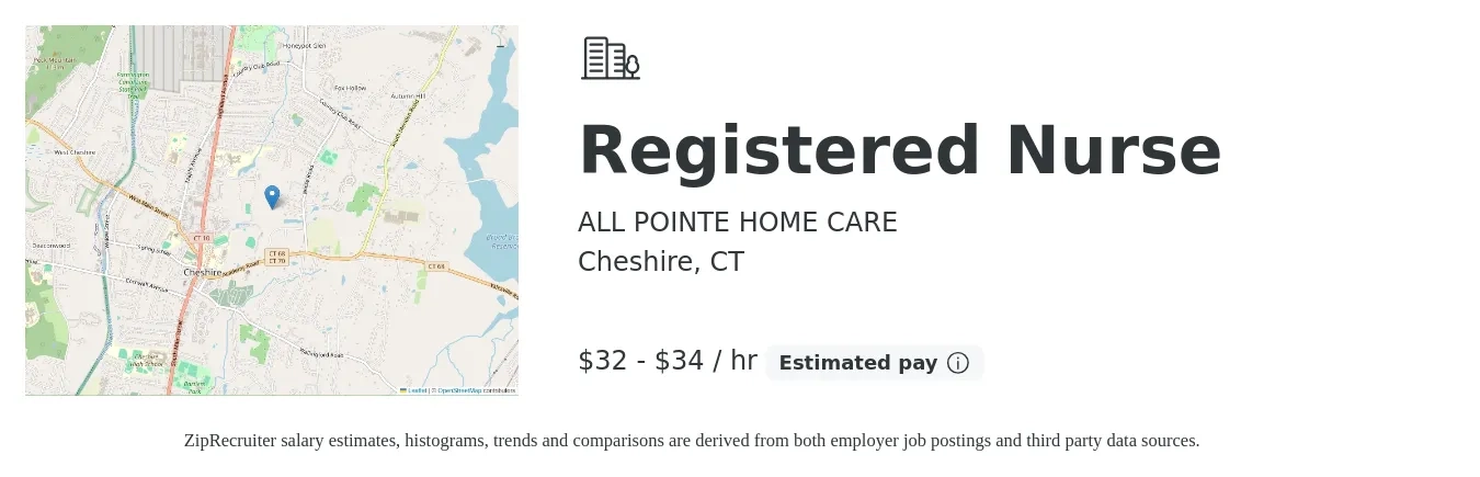 ALL POINTE HOME CARE job posting for a Registered Nurse in Cheshire, CT with a salary of $34 to $36 Hourly with a map of Cheshire location.
