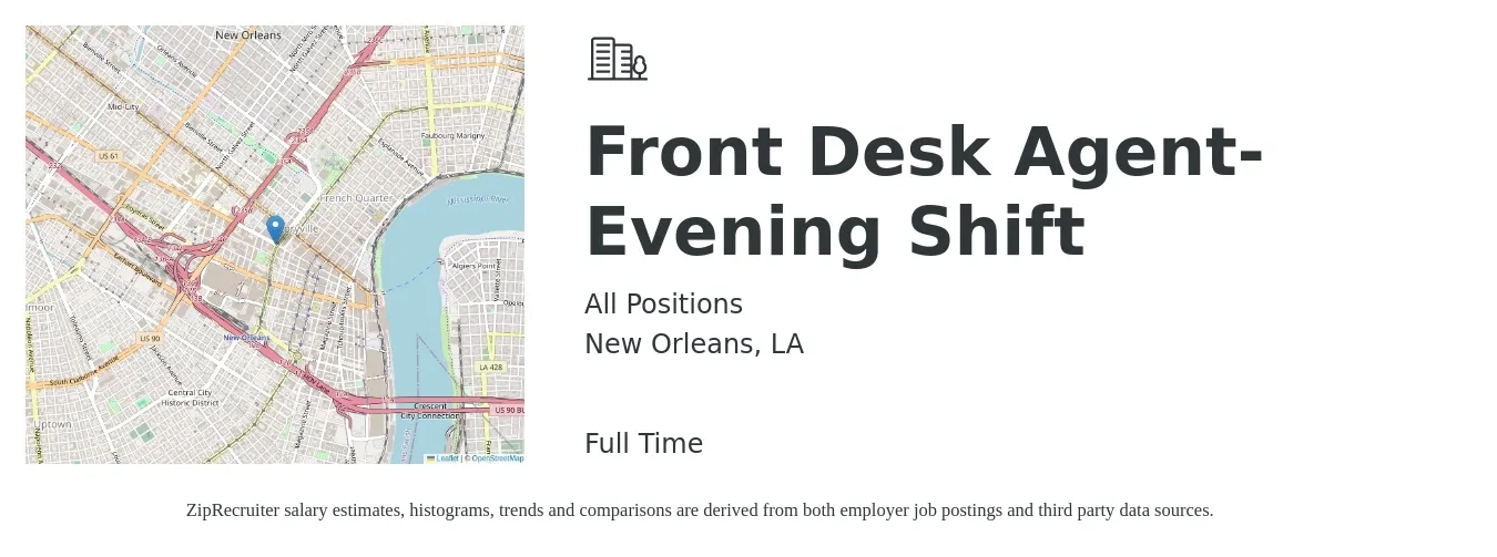 All Positions job posting for a Front Desk Agent-Evening Shift in New Orleans, LA with a salary of $14 to $17 Hourly with a map of New Orleans location.