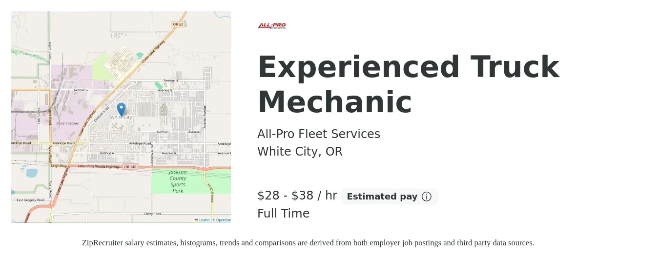 All-Pro Fleet Services job posting for a Experienced Truck Mechanic in White City, OR with a salary of $30 to $40 Hourly with a map of White City location.
