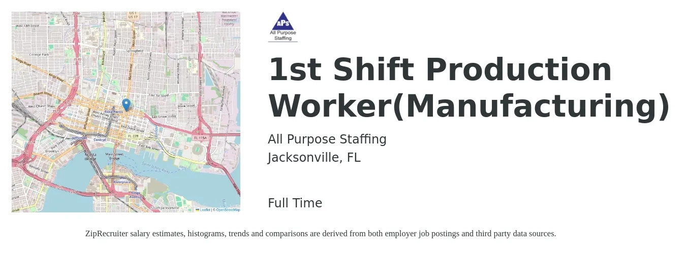 All Purpose Staffing job posting for a 1st Shift Production Worker(Manufacturing) in Jacksonville, FL with a salary of $14 to $17 Hourly with a map of Jacksonville location.