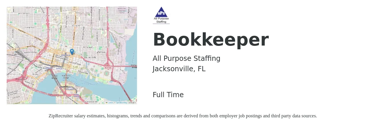 All Purpose Staffing job posting for a Bookkeeper in Jacksonville, FL with a salary of $25 Hourly with a map of Jacksonville location.