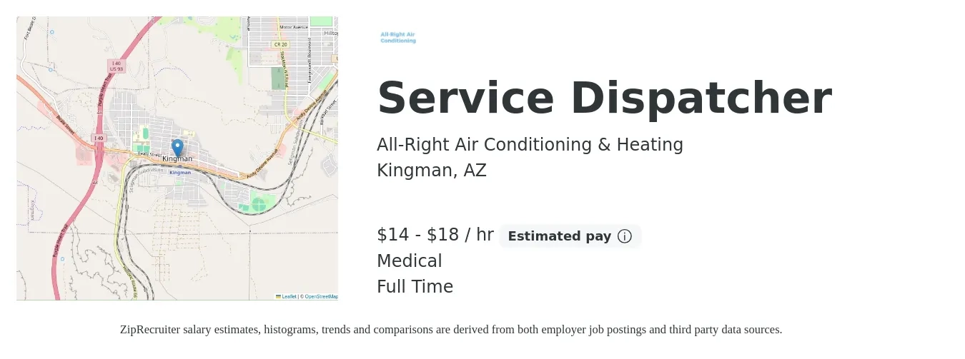All-Right Air Conditioning & Heating job posting for a Service Dispatcher in Kingman, AZ with a salary of $15 to $19 Hourly and benefits including retirement, and medical with a map of Kingman location.