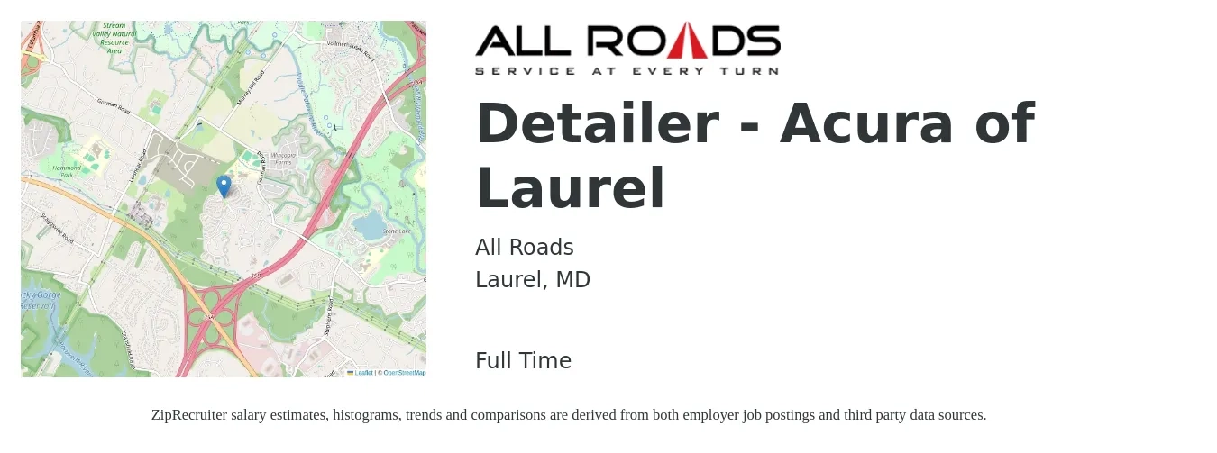All Roads job posting for a Detailer - Acura of Laurel in Laurel, MD with a salary of $15 to $18 Hourly with a map of Laurel location.