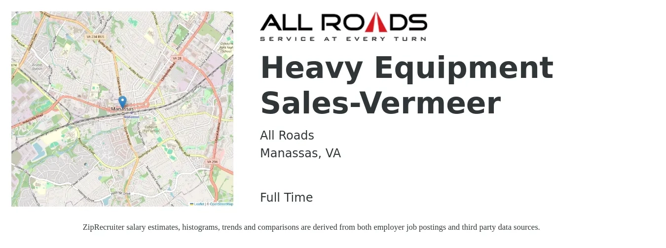 All Roads job posting for a Heavy Equipment Sales-Vermeer in Manassas, VA with a salary of $50,100 to $87,200 Yearly with a map of Manassas location.