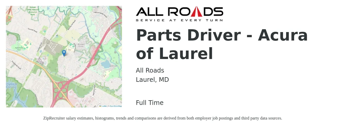 All Roads job posting for a Parts Driver - Acura of Laurel in Laurel, MD with a salary of $16 to $19 Hourly with a map of Laurel location.