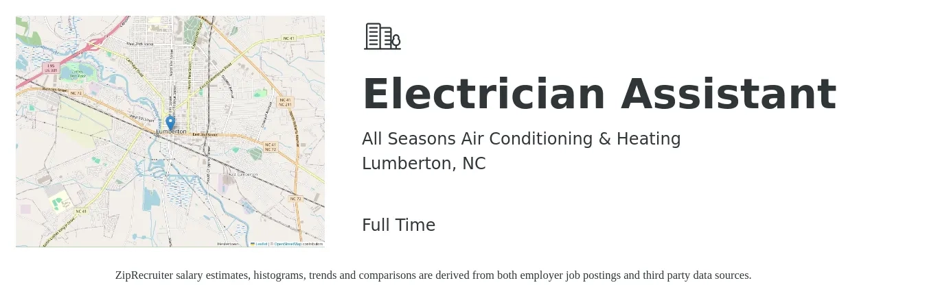 All Seasons Air Conditioning & Heating job posting for a Electrician Assistant in Lumberton, NC with a salary of $15 to $27 Hourly with a map of Lumberton location.