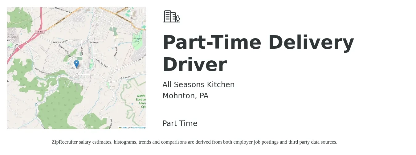 All Seasons Kitchen job posting for a Part-Time Delivery Driver in Mohnton, PA with a salary of $15 to $19 Hourly with a map of Mohnton location.