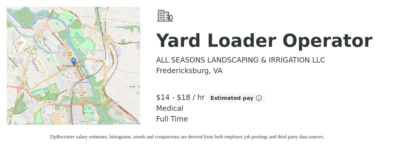 ALL SEASONS LANDSCAPING & IRRIGATION LLC job posting for a Yard Loader Operator in Fredericksburg, VA with a salary of $15 to $19 Hourly and benefits including medical with a map of Fredericksburg location.