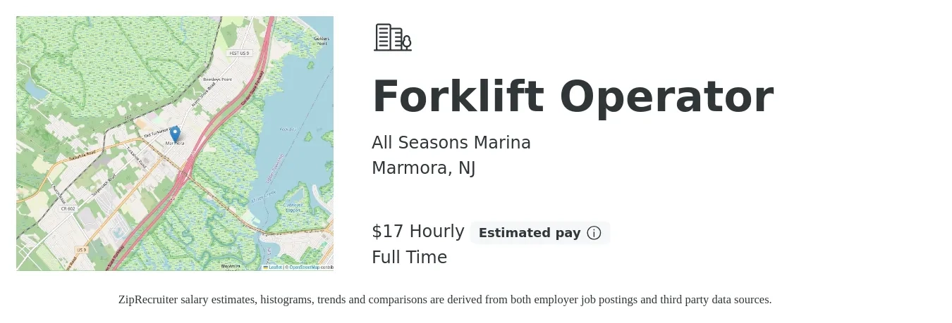 All Seasons Marina job posting for a Forklift Operator in Marmora, NJ with a salary of $18 Hourly with a map of Marmora location.