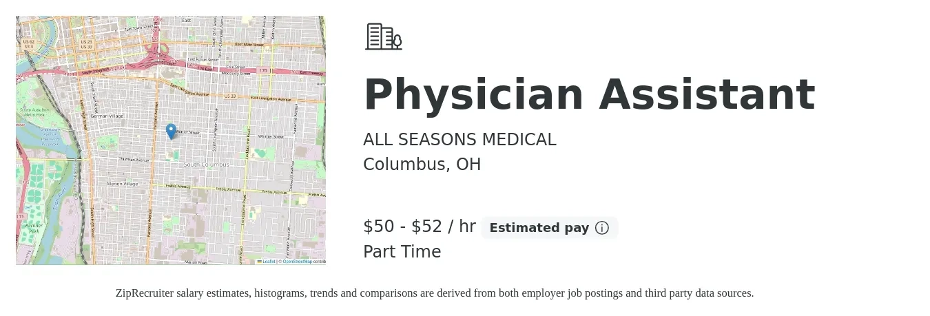 ALL SEASONS MEDICAL job posting for a Physician Assistant in Columbus, OH with a salary of $52 to $54 Hourly with a map of Columbus location.