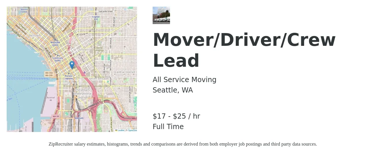 All Service Moving job posting for a Mover/Driver/Crew Lead in Seattle, WA with a salary of $18 to $26 Hourly with a map of Seattle location.