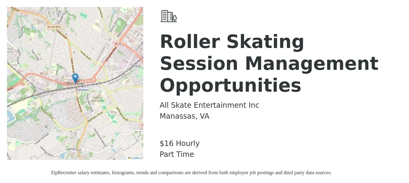 All Skate Entertainment Inc job posting for a Roller Skating Session Management Opportunities in Manassas, VA with a salary of $17 Hourly with a map of Manassas location.