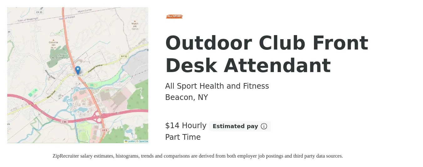 All Sport Health and Fitness job posting for a Outdoor Club Front Desk Attendant in Beacon, NY with a salary of $15 Hourly with a map of Beacon location.