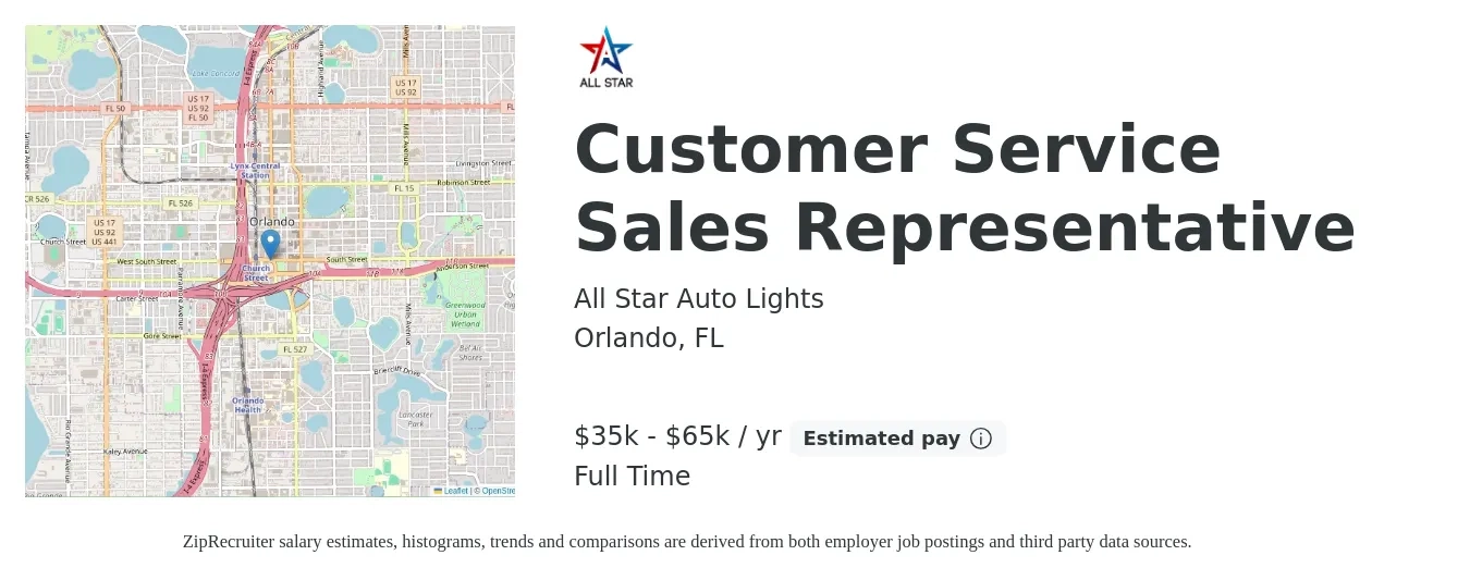 All Star Auto Lights job posting for a Customer Service Sales Representative in Orlando, FL with a salary of $35,000 to $65,000 Yearly with a map of Orlando location.