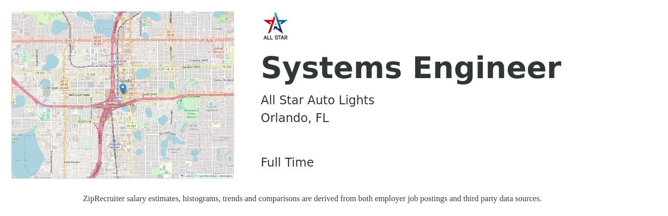 All Star Auto Lights job posting for a Systems Engineer in Orlando, FL with a salary of $91,600 to $146,800 Yearly with a map of Orlando location.