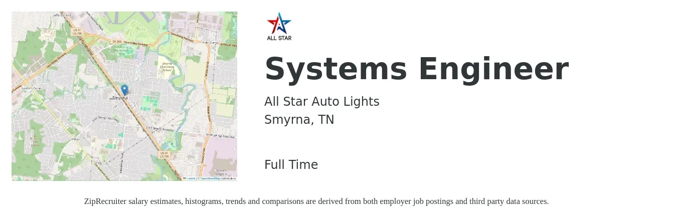 All Star Auto Lights job posting for a Systems Engineer in Smyrna, TN with a salary of $91,400 to $146,400 Yearly with a map of Smyrna location.