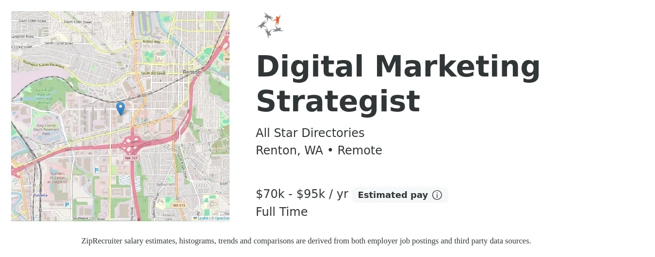 All Star Directories job posting for a Digital Marketing Strategist in Renton, WA with a salary of $70,000 to $95,000 Yearly with a map of Renton location.