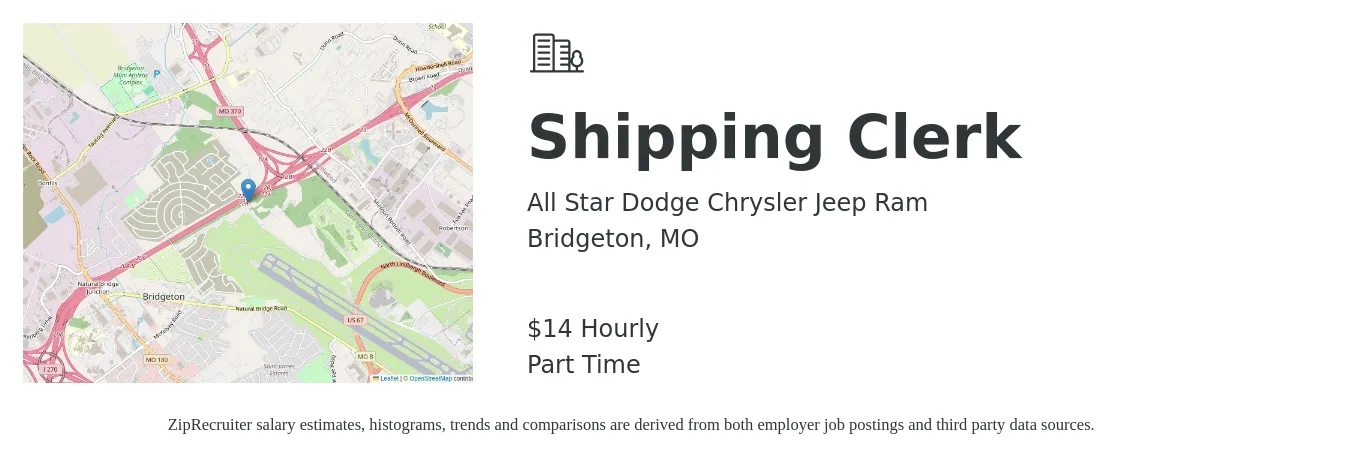 All Star Dodge Chrysler Jeep Ram job posting for a Shipping Clerk in Bridgeton, MO with a salary of $15 Hourly with a map of Bridgeton location.