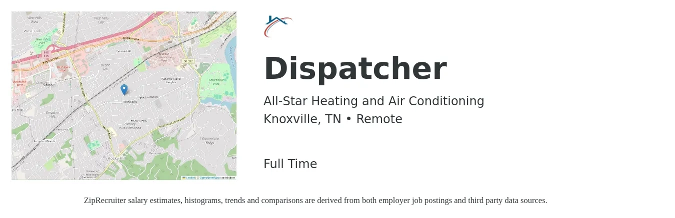 All-Star Heating and Air Conditioning job posting for a Dispatcher in Knoxville, TN with a salary of $15 to $21 Hourly with a map of Knoxville location.