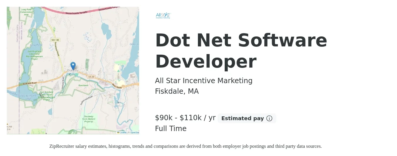 All Star Incentive Marketing job posting for a Dot Net Software Developer in Fiskdale, MA with a salary of $90,000 to $110,000 Yearly with a map of Fiskdale location.