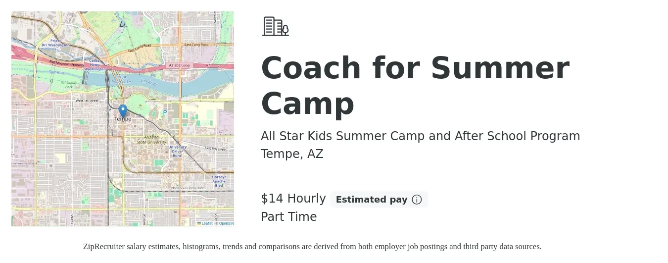 All Star Kids Summer Camp and After School Program job posting for a Coach for Summer Camp in Tempe, AZ with a salary of $15 Hourly with a map of Tempe location.