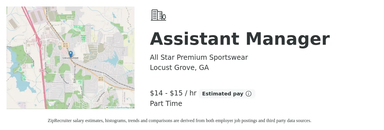 All Star Premium Sportswear job posting for a Assistant Manager in Locust Grove, GA with a salary of $15 to $16 Hourly with a map of Locust Grove location.
