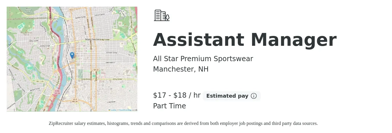 All Star Premium Sportswear job posting for a Assistant Manager in Manchester, NH with a salary of $18 to $20 Hourly with a map of Manchester location.