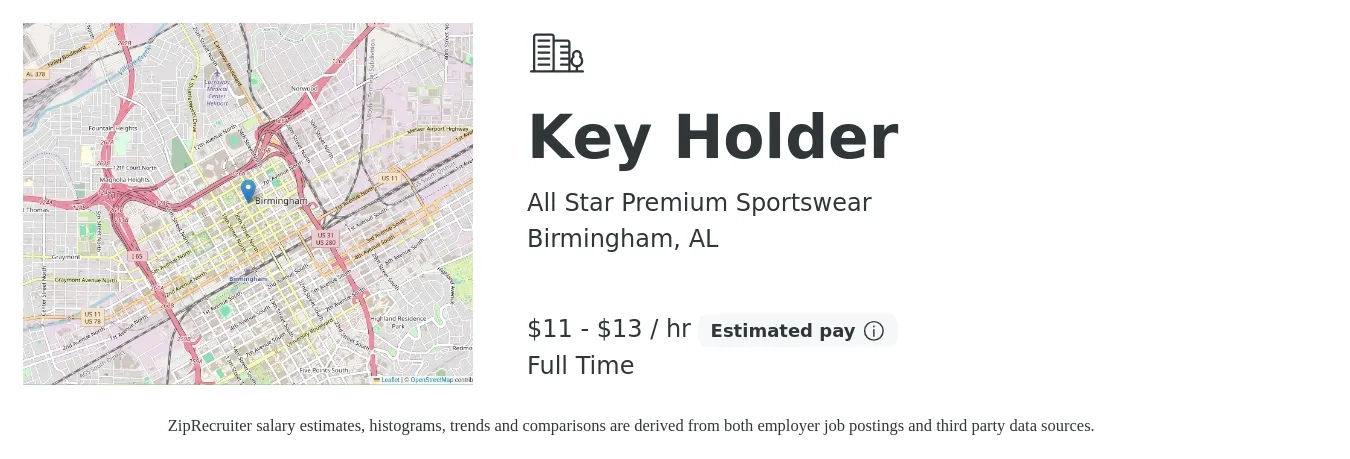 All Star Premium Sportswear job posting for a Key Holder in Birmingham, AL with a salary of $13 to $14 Hourly with a map of Birmingham location.