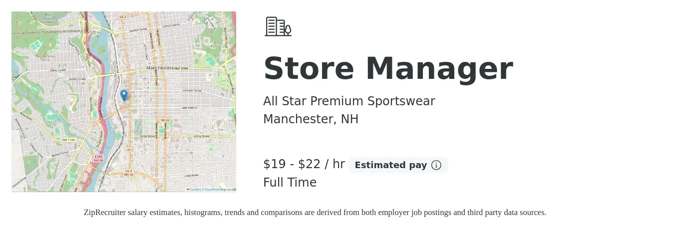 All Star Premium Sportswear job posting for a Store Manager in Manchester, NH with a salary of $20 to $23 Hourly with a map of Manchester location.