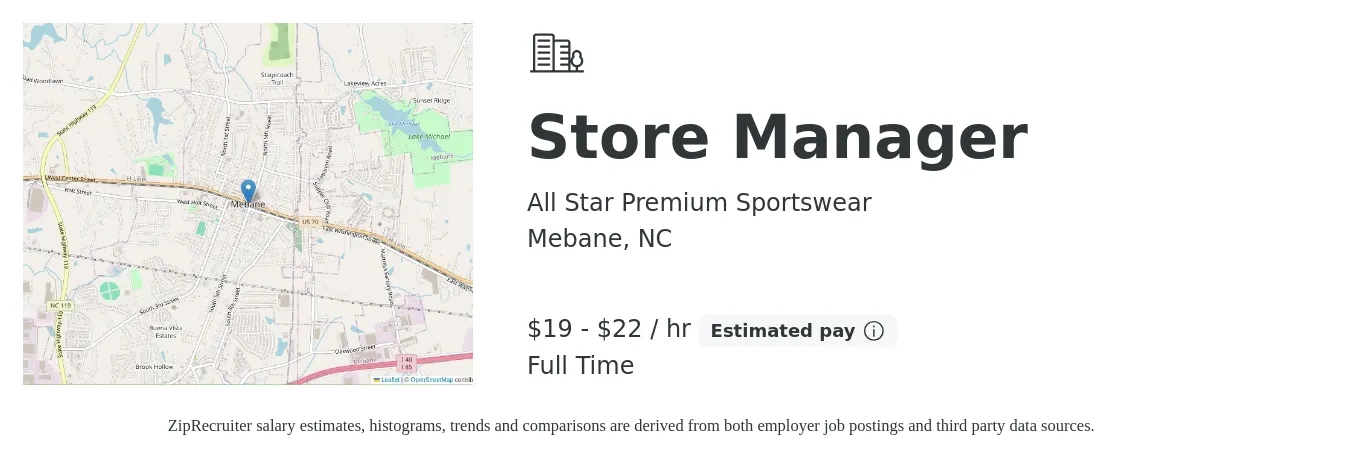 All Star Premium Sportswear job posting for a Store Manager in Mebane, NC with a salary of $20 to $23 Hourly with a map of Mebane location.