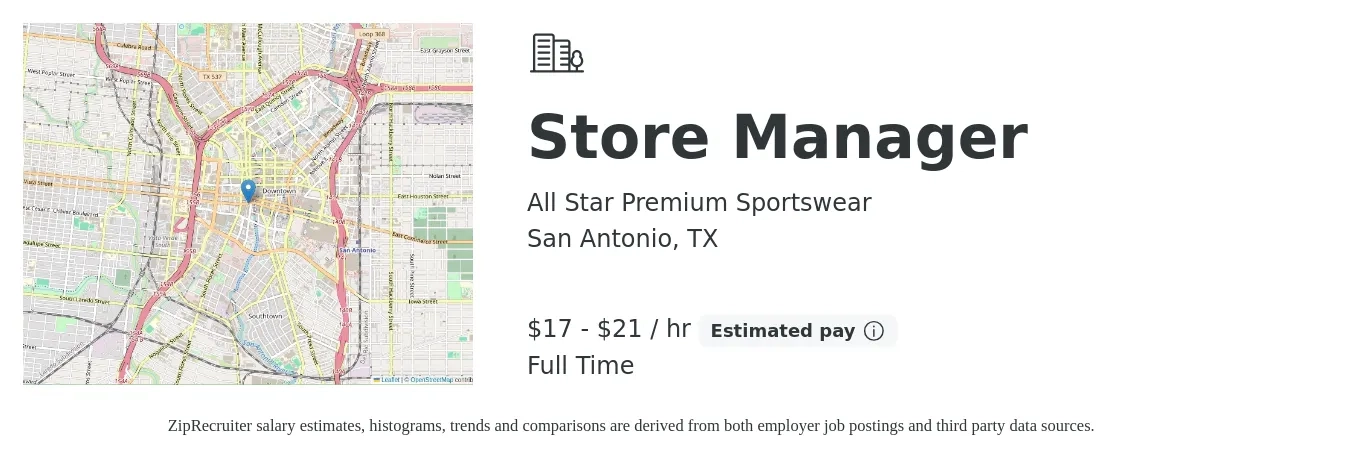 All Star Premium Sportswear job posting for a Store Manager in San Antonio, TX with a salary of $18 to $22 Hourly with a map of San Antonio location.