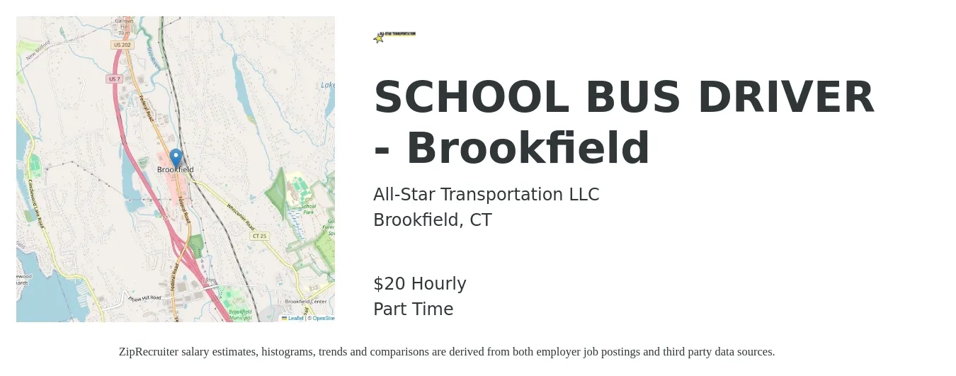 All-Star Transportation LLC job posting for a SCHOOL BUS DRIVER - Brookfield in Brookfield, CT with a salary of $22 Hourly with a map of Brookfield location.