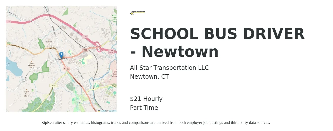 All-Star Transportation LLC job posting for a SCHOOL BUS DRIVER - Newtown in Newtown, CT with a salary of $23 Hourly with a map of Newtown location.