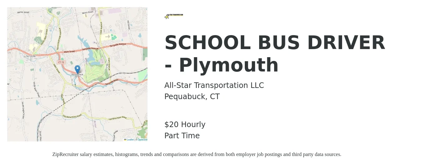 All-Star Transportation LLC job posting for a SCHOOL BUS DRIVER - Plymouth in Pequabuck, CT with a salary of $21 Hourly with a map of Pequabuck location.
