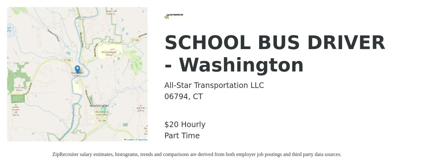All-Star Transportation LLC job posting for a SCHOOL BUS DRIVER - Washington in 06794, CT with a salary of $21 Hourly with a map of 06794 location.