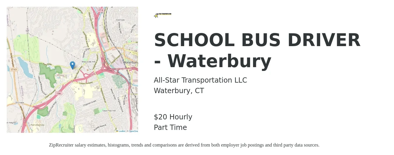 All-Star Transportation LLC job posting for a SCHOOL BUS DRIVER - Waterbury in Waterbury, CT with a salary of $21 Hourly with a map of Waterbury location.