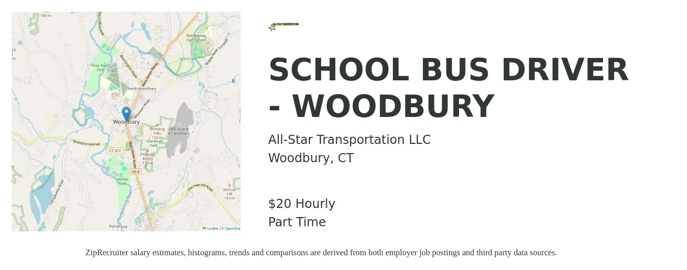 All-Star Transportation LLC job posting for a SCHOOL BUS DRIVER - WOODBURY in Woodbury, CT with a salary of $21 Hourly with a map of Woodbury location.
