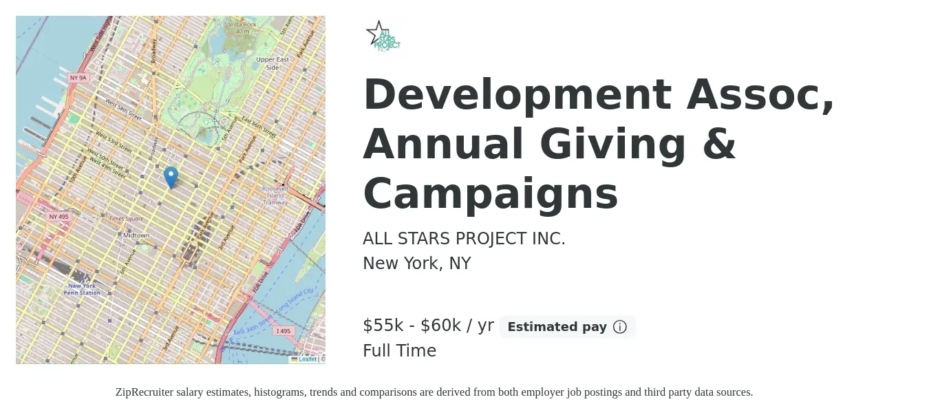 ALL STARS PROJECT INC. job posting for a Development Assoc, Annual Giving & Campaigns in New York, NY with a salary of $55,000 to $60,000 Yearly with a map of New York location.