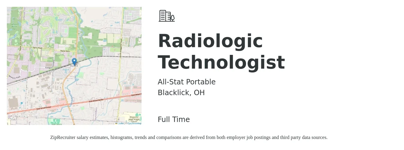 All-Stat Portable job posting for a Radiologic Technologist in Blacklick, OH with a salary of $1,160 to $2,410 Weekly with a map of Blacklick location.