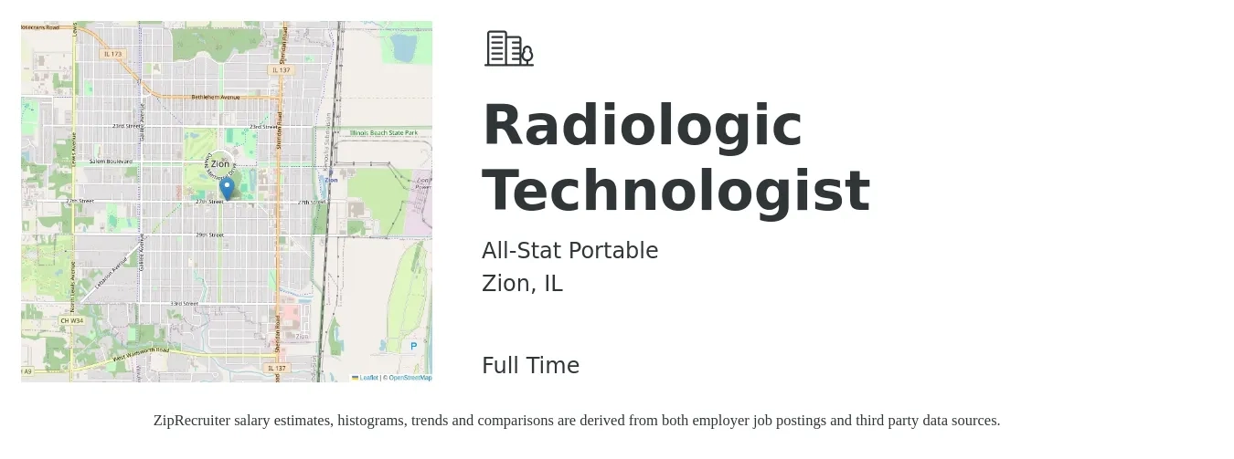 All-Stat Portable job posting for a Radiologic Technologist in Zion, IL with a salary of $1,150 to $2,390 Weekly with a map of Zion location.