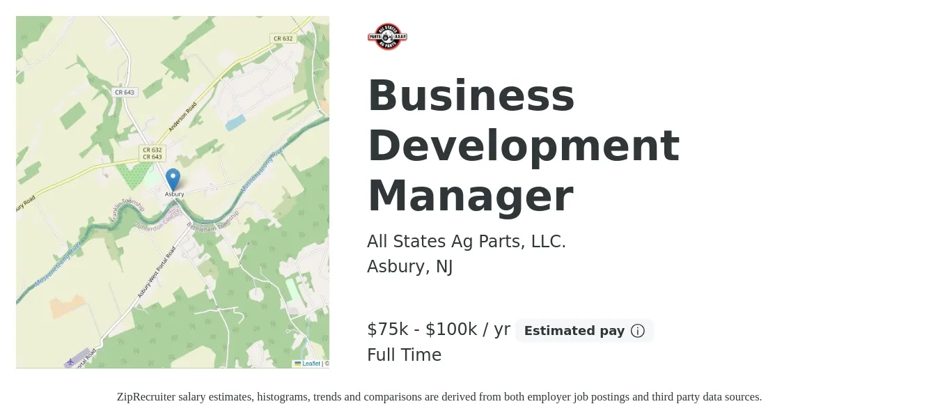 All States Ag Parts, LLC. job posting for a Business Development Manager in Asbury, NJ with a salary of $75,000 to $100,000 Yearly with a map of Asbury location.
